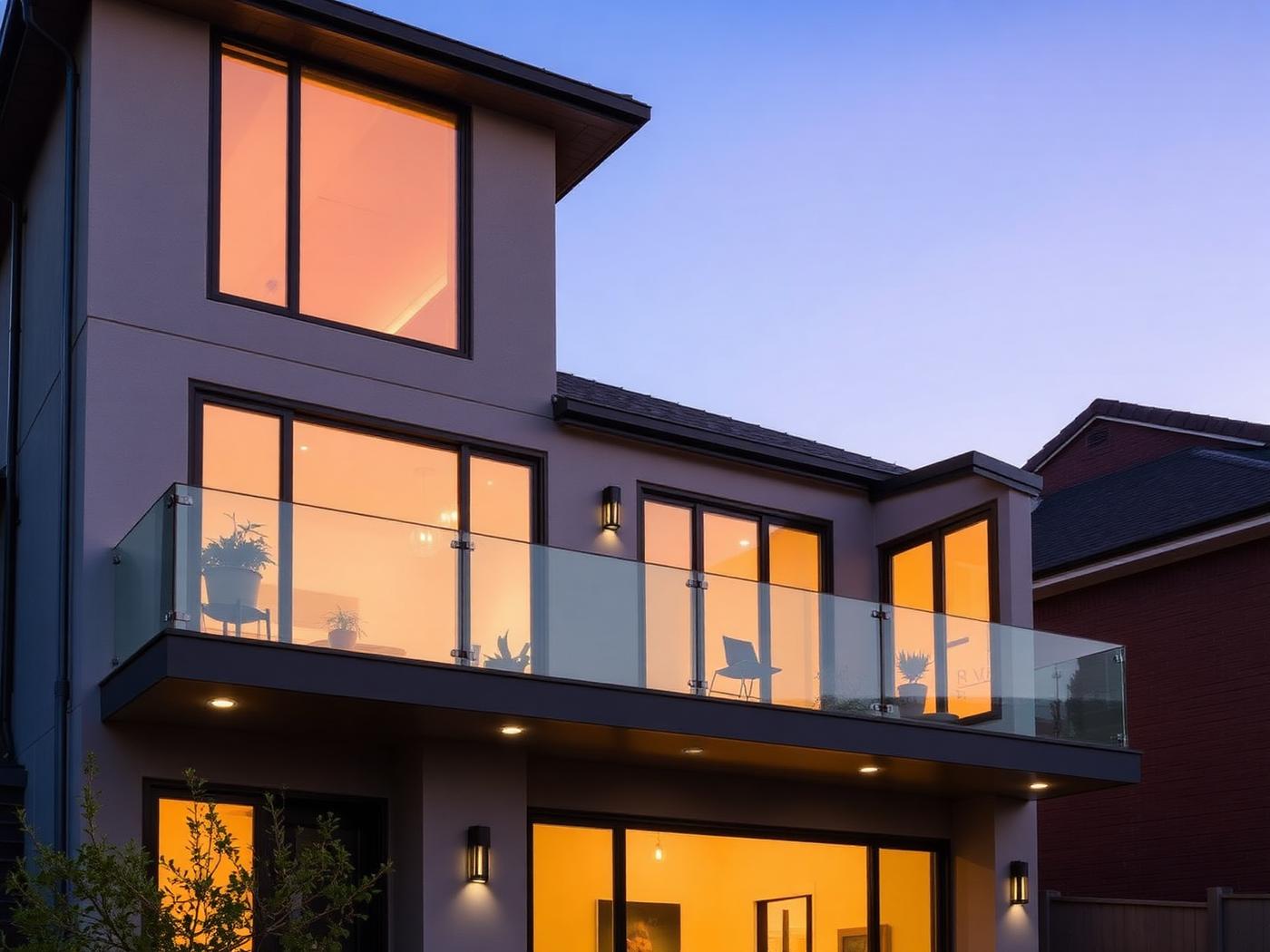 Fachada residencial con barandal de vidrio en balcón